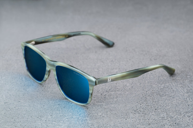 Light green sunglasses with reflective blue lenses, open, facing left showing a quartering view.